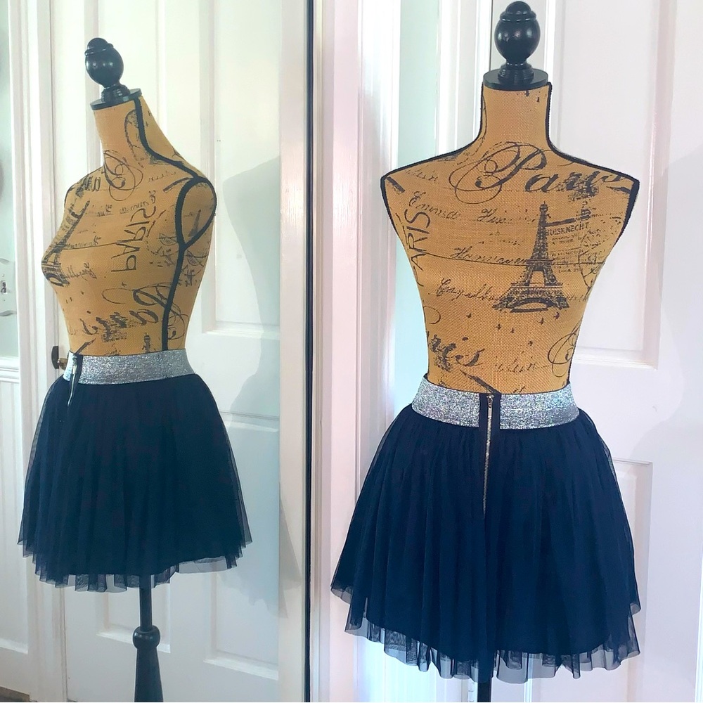 Charlotte Russe Navy Blue Layered Sheer Chiffon Net Mini Skirt Metallic Waist S